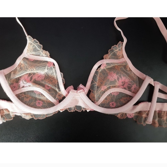 For Love & Lemons Pink Shimmer Floral Underwire Bra Size XXS - Picture 3 of 8